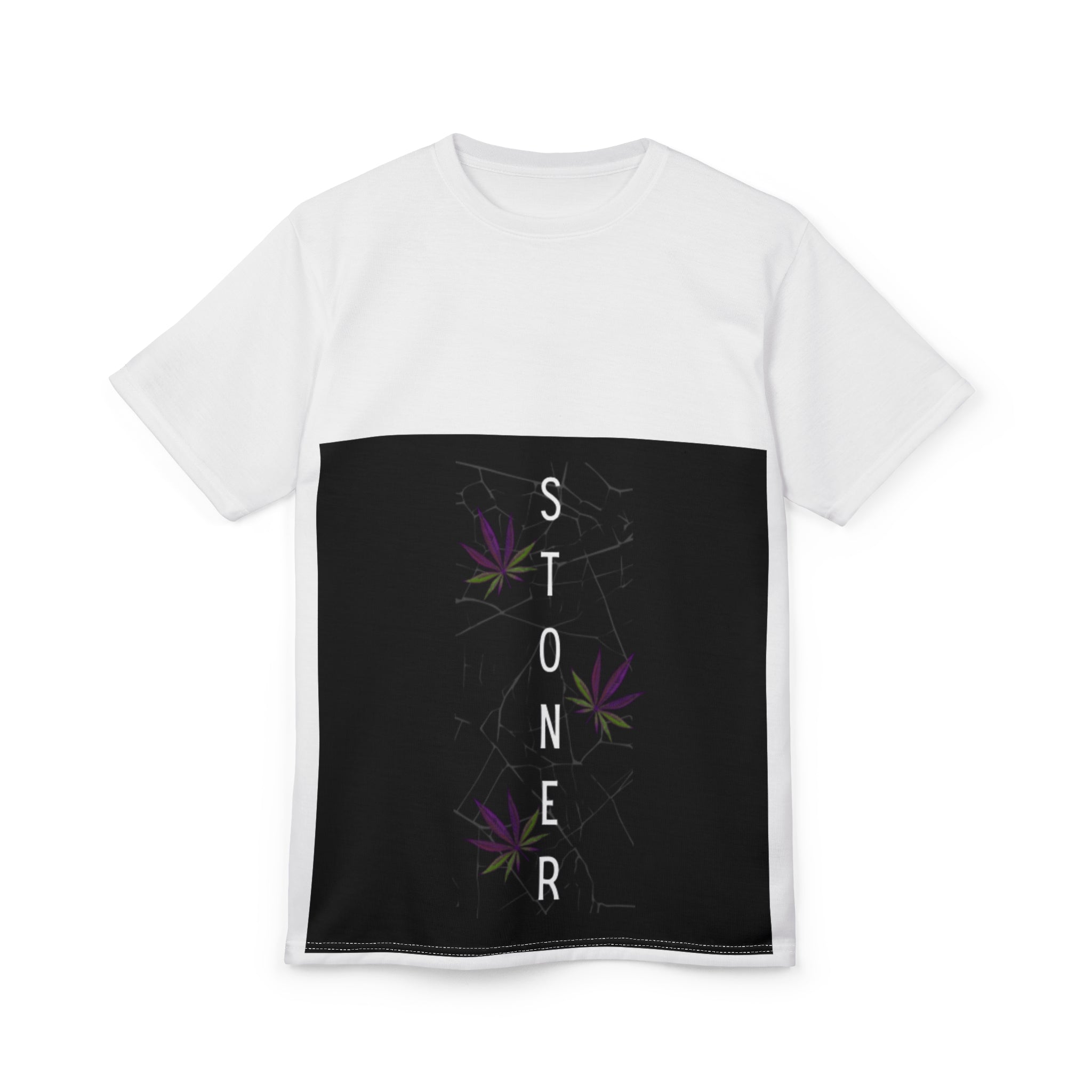 Stoner Vertical Graphic Tee — Black Panel Cannabis Leaf Design