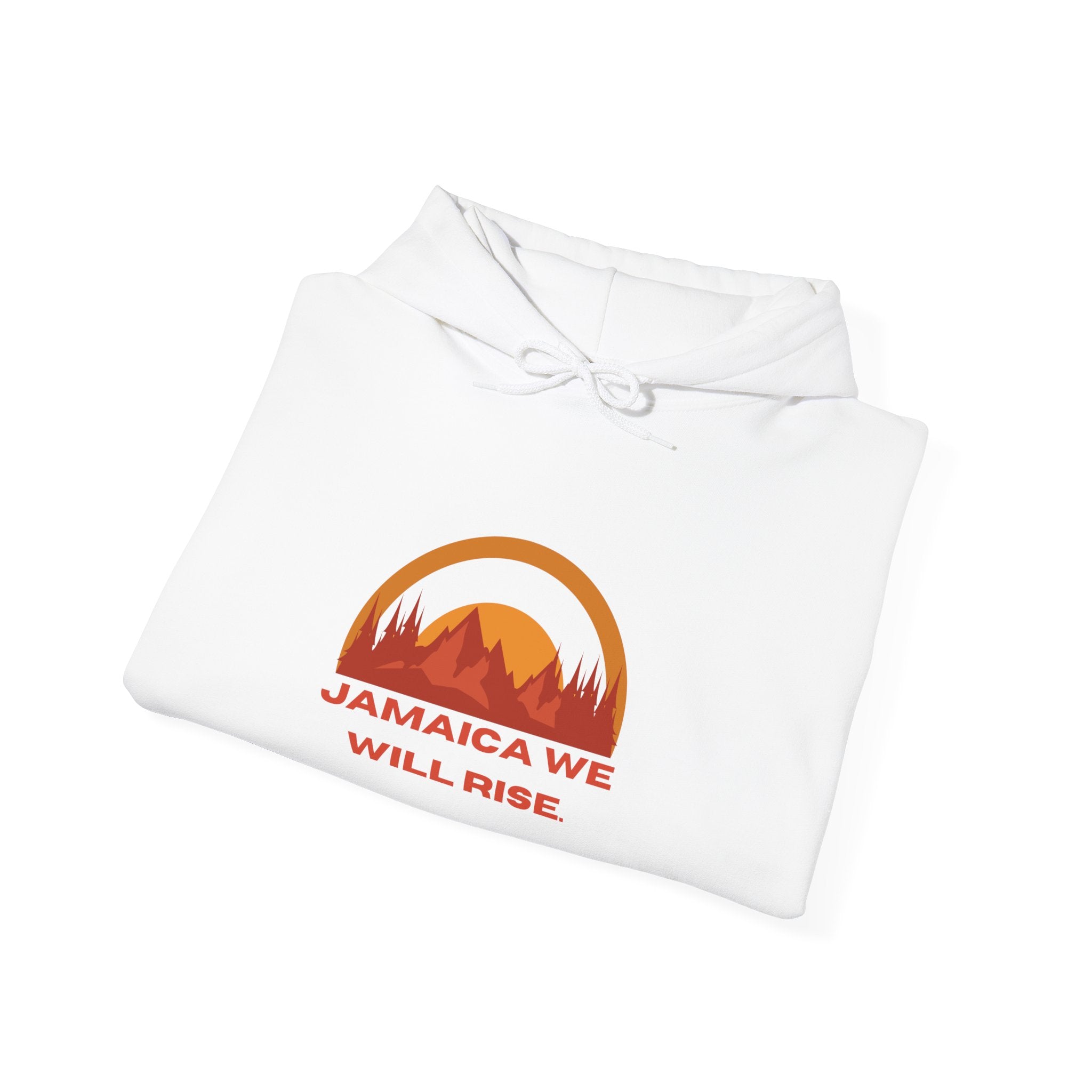 Jamaica We Will Rise Hoodie — Retro Sunrise Mountain Graphic